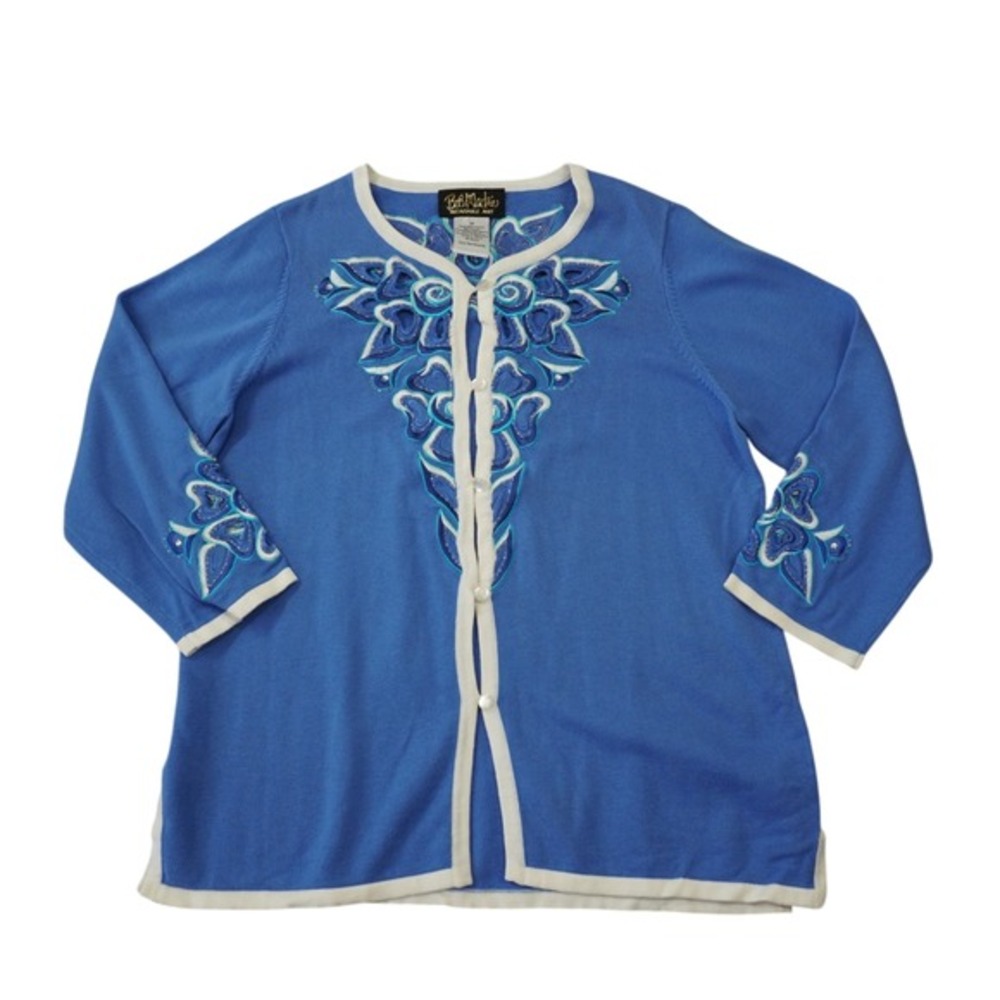 Bob Mackie Wearable Art Blue Embroidered Cardigan‎ Sweater Beaded Floral Artsy